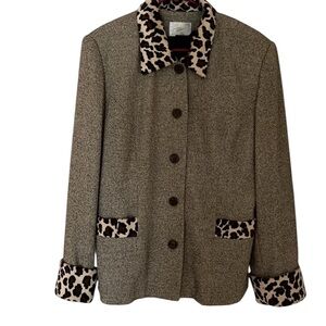 Apart by Spiegel size 14 tan tweed blazer with faux leopard trim